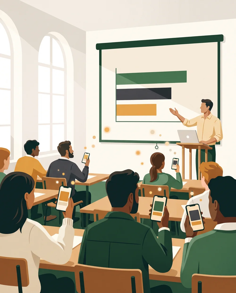 Illustration of a class voting on their phones while the results fill the screen at the front of the room